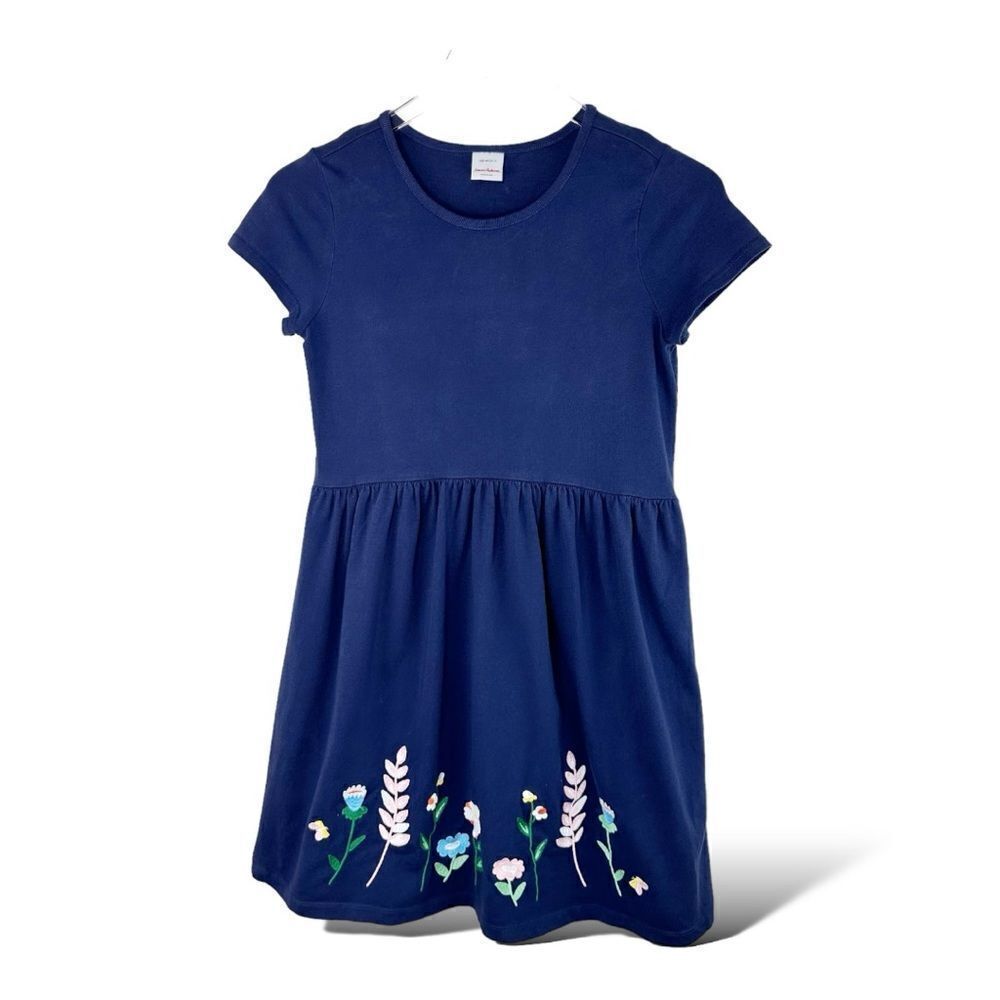 Hanna Andersson Short Sleeve Blue Skater Dress w/Embroidered Skirt Sz 12